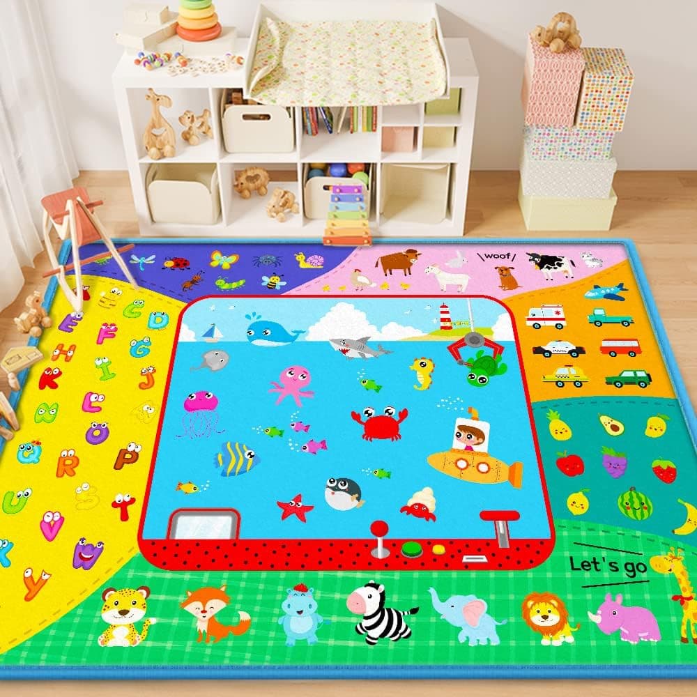 Baby Crawling Mat, Large Cotton Educational Tummy Time Mat, Foldable Non-Slip Padded Playmat